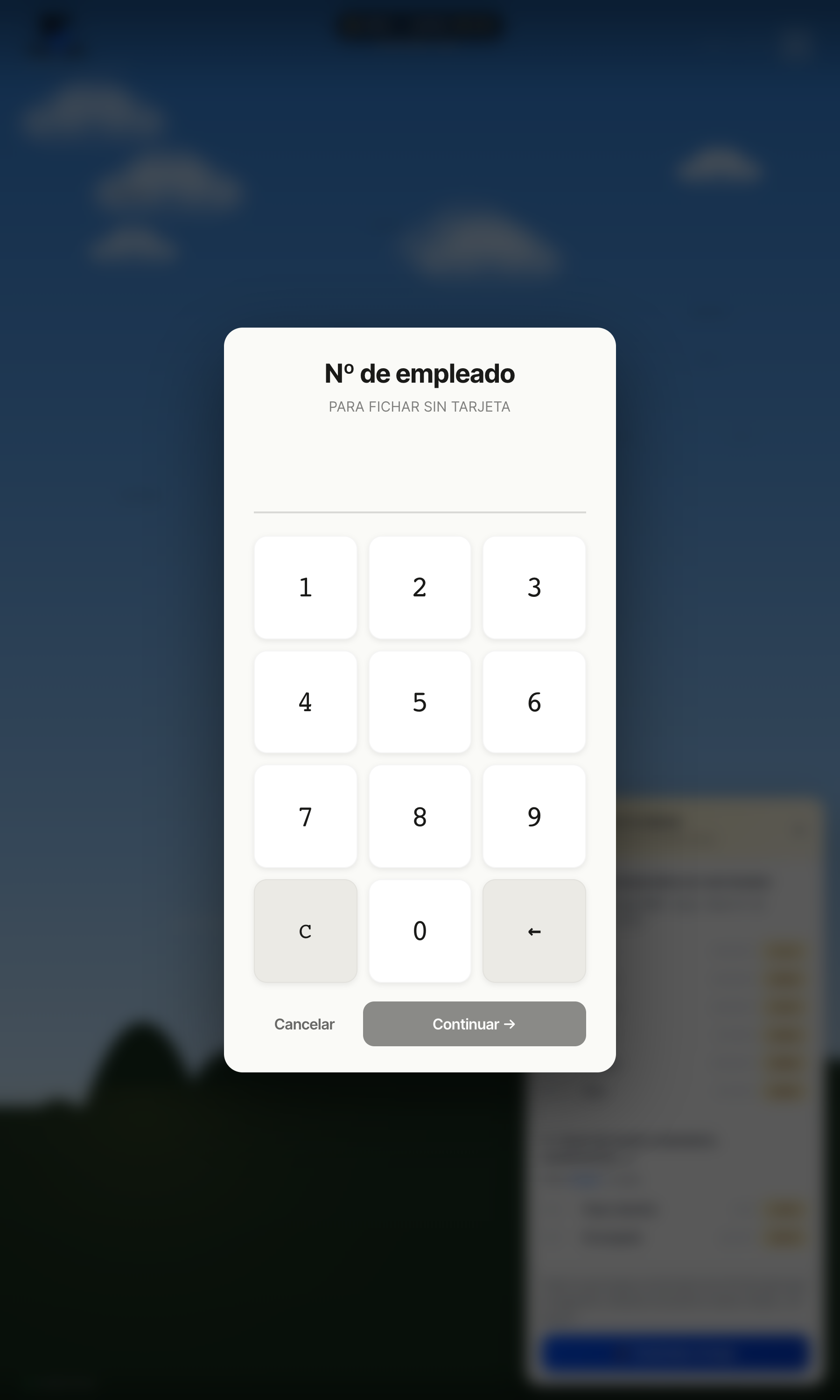 Pantalla real de fichar con el número de empleado y PIN